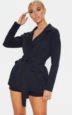 Prettylittlething Black Belted Front Pocket Detail Blazer Black