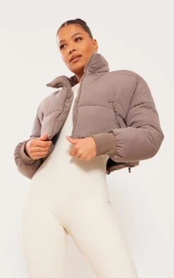 Prettylittlething Espresso Ribbed Cuff Peach Skin Cropped Puffer Jacket Espresso