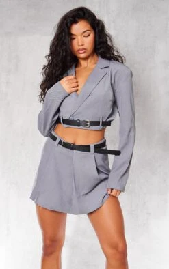 Prettylittlething Charcoal Tailored Boxy Belt Cropped Blazer Charcoal