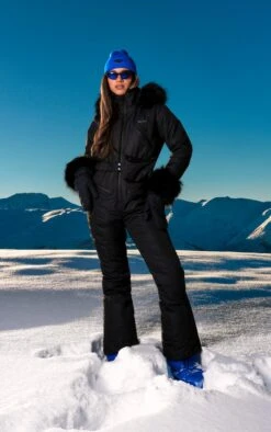 PRETTYLITTLETHING SKI Black Tipped Faux Fur Trim Belted Snow Suit Black