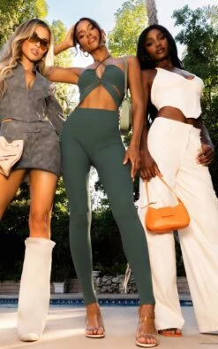 Prettylittlething Khaki Cross Front Rib Knit Jumpsuit Khaki