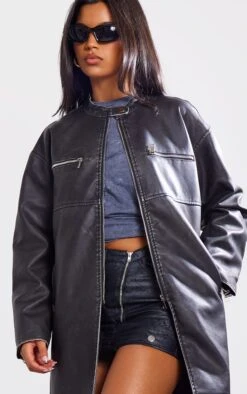 Prettylittlething Black Distresses Pu Biker Trench Coat Black -Prettylittlething 47ca2cbb70068f76c94f74b4e2fe2f6318ec125a cng3036 4
