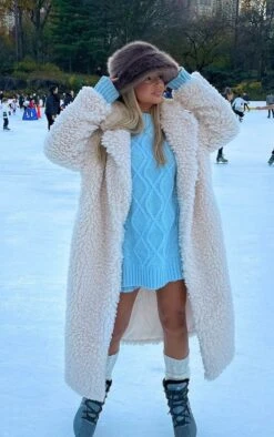 Prettylittlething Cream Soft Touch Longline Borg Coat Cream