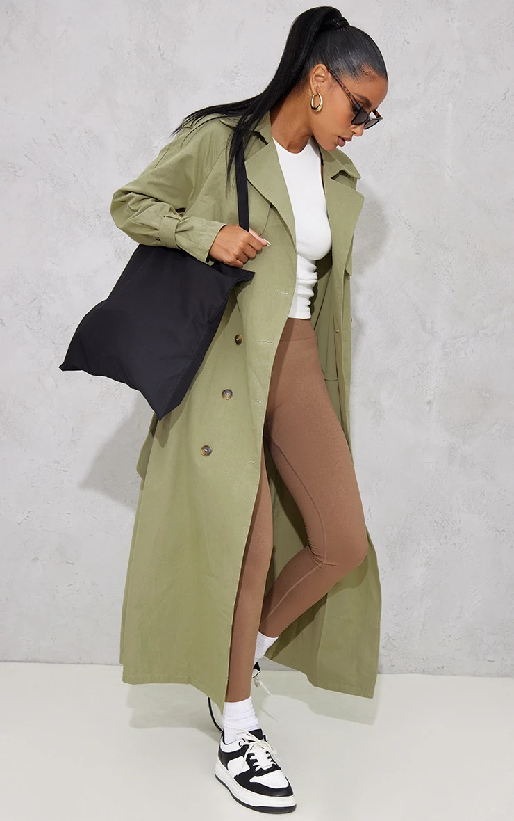 Prettylittlething Khaki Panel Detail Belted Trench Coat Khaki 3 Prettylittlething Khaki Panel Detail Belted Trench Coat Khaki - Image 3