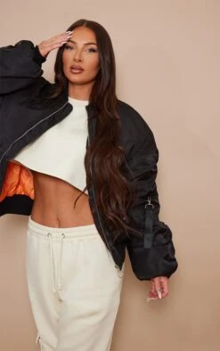 Prettylittlething Black Oversized Ruched Sleeve Contrast Lining Bomber Jacket Black -Prettylittlething 49fed97ab4baf127fb74972c34921708d1013303 cnc6113 4