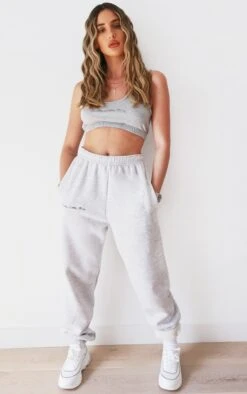 PRETTYLITTLETHING Grey Embroidered Cuffed Sweatpants Grey