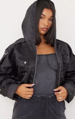 Prettylittlething Black Satin Oversized Hooded Utility Bomber Jacket Black -Prettylittlething 4a6c0b1563cf474786bf9695f99ce3b6eae5f76e cmg7907 4