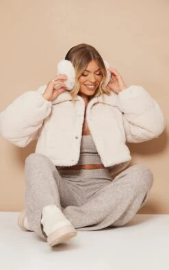 Prettylittlething Cream Borg Cropped Puffer Coat Cream