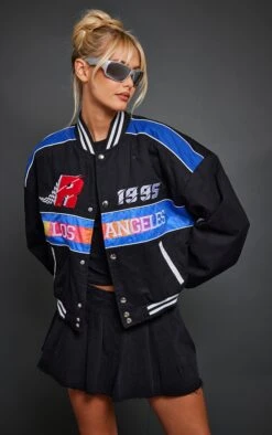 Prettylittlething Black Motocross Zip Through Bomber Jacket Black