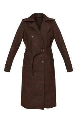 Prettylittlething Brown Distressed Faux Leather Double Breasted Belted Trench Coat Brown -Prettylittlething 4c488d71f6f06ff6f4b9f3b0f349eec6d4ee102a CNF1354 4