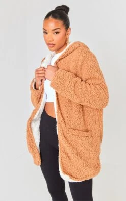 Prettylittlething Dark Stone Sherpa Hooded Jacket Stone