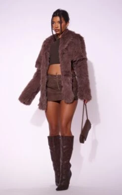 Prettylittlething Chocolate Faux Fur Belted Hem Cropped Coat Chocolate -Prettylittlething 4cafb89df2f07fdfc631494f5986e67b4c10468d cnf7820 3