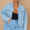 Prettylittlething Plus Light Blue Wash Basic Boxy Cropped Denim Jacket Light Blue Wash