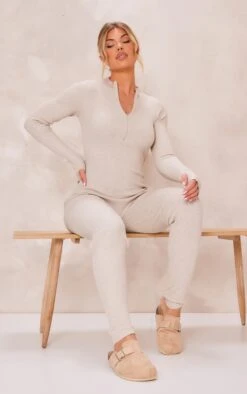 Prettylittlething Stone Zip Detail Knitted Jumpsuit Stone