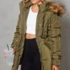 Prettylittlething Khaki Faux Fur Hooded Elasticated Waist Longline Parka Khaki