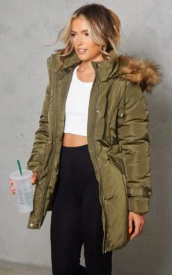 Prettylittlething Khaki Faux Fur Hooded Elasticated Waist Longline Parka Khaki