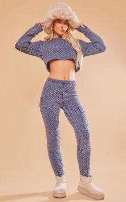 Prettylittlething Blue Cable Knitted Denim Look Leggings Blue