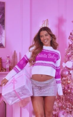 Prettylittlething Pink Santa Baby Cropped Christmas Sweater Pink