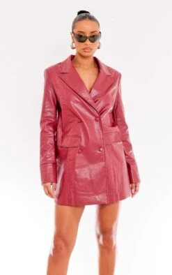 Prettylittlething Cherry Red Faux Leather Oversized Blazer Dress Cherry Red