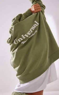 Prettylittlething Premium Khaki Sports Academy Puff Print Oversized Hoodie Khaki