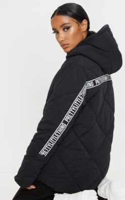 PRETTYLITTLETHING Black Peach Skin Diamond Quilted Oversized Puffer Black