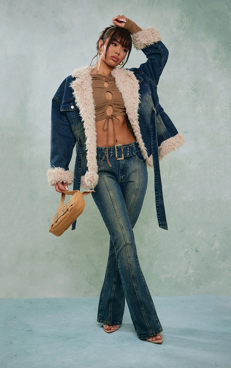 Prettylittlething Indigo Vintage Wash Borg Contrast Tie Waist Denim Jacket Indigo Vintage Wash 3 Prettylittlething Indigo Vintage Wash Borg Contrast Tie Waist Denim Jacket Indigo Vintage Wash - Image 3