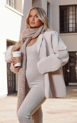 Prettylittlething Stone Single Breasted Shoulder Padded Oversized Blazer Stone