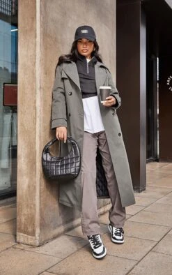 Prettylittlething Khaki Woven Quilted Lining Trench Coat Khaki