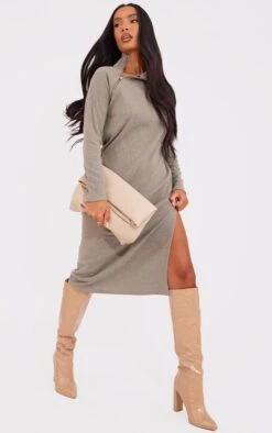 Prettylittlething Sage Khaki Rib Zip Funnel Neck Split Detail Midaxi Dress Sage Khaki
