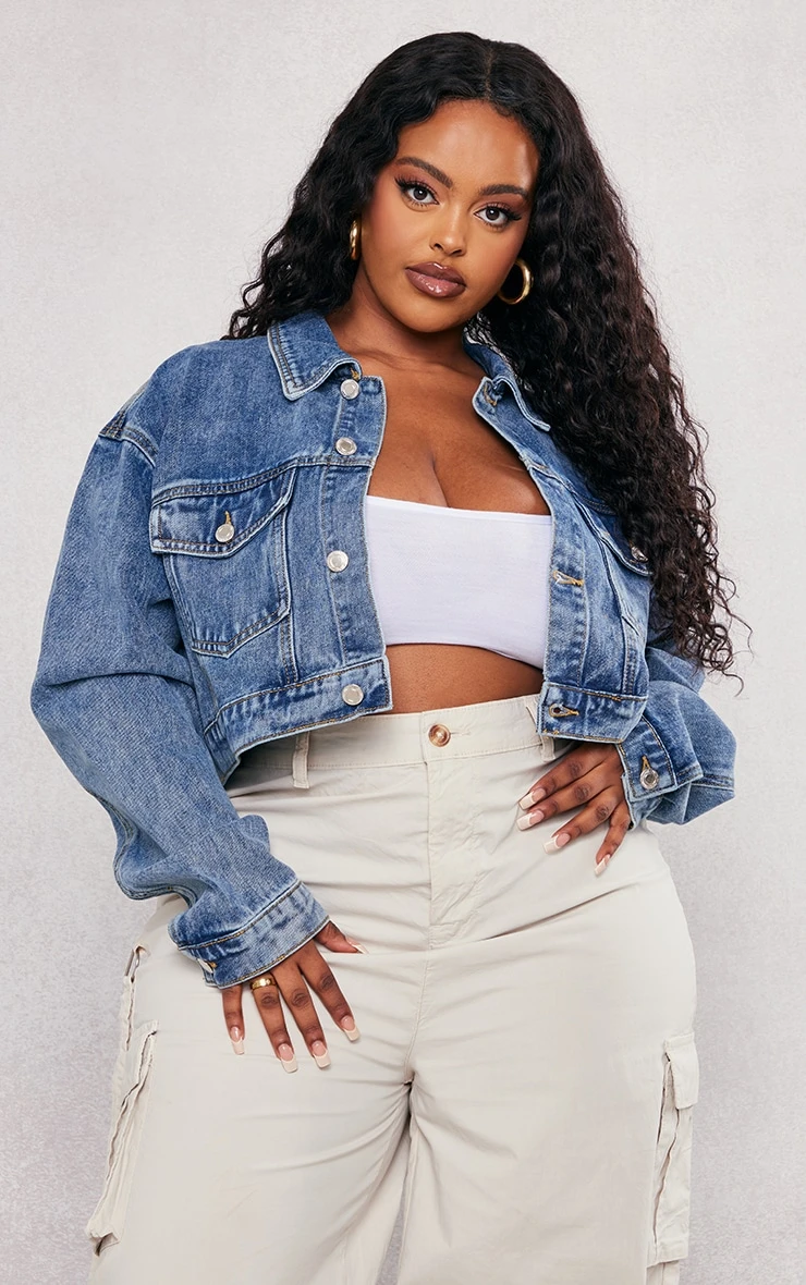 Prettylittlething Plus Vintage Wash Cropped Denim Jacket Vintage Wash 1 Prettylittlething Plus Vintage Wash Cropped Denim Jacket Vintage Wash