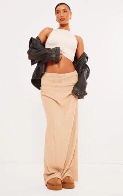Prettylittlething Oatmeal Thick Brushed Rib Fold Over Waist Maxi Skirt Oatmeal