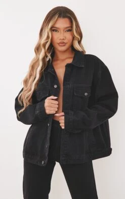 PRETTYLITTLETHING Washed Black Oversized Boyfriend Denim Jacket Washed Black