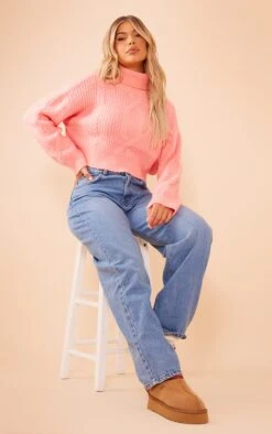 Prettylittlething Coral Soft Cable Knit Roll Neck Crop Sweater Coral -Prettylittlething 57903fce0b5c5217745e0f581fa6636a11fd94cf cnf4787 3