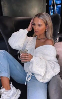 Prettylittlething Cream Chunky Tie Waist Belted Cardigan Cream