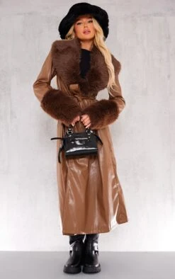 Prettylittlething Taupe Premium Faux Fur Trim Faux Leather Belted Trench Coat Taupe