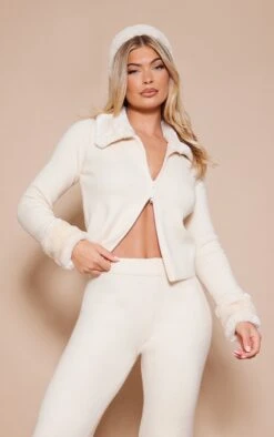 Prettylittlething Cream Faux Fur Zip Up Knit Cardigan Cream