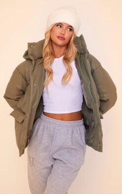 Prettylittlething Sage Green Hooded Faux Leather Statement Pocket Puffer Coat Sage Green