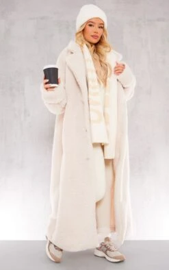 Prettylittlething Cream Turn Up Cuff Longline Borg Coat Cream