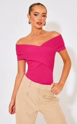 Prettylittlething Fuchsia Rib Knit Foldover Twist Bodysuit Fuschia