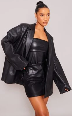 Prettylittlething Black Distressed PU Oversized Shoulder Pad Blazer Black