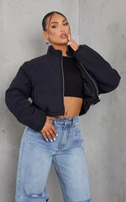 Prettylittlething Black Super Cropped Peach Skin Puffer Black