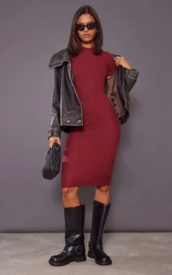 Prettylittlething Cherry Red Ribbed Short Sleeve Crew Neck Midi Dress Cherry Red