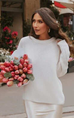 Prettylittlething Cream Basic Crew Neck Knit Sweater Cream