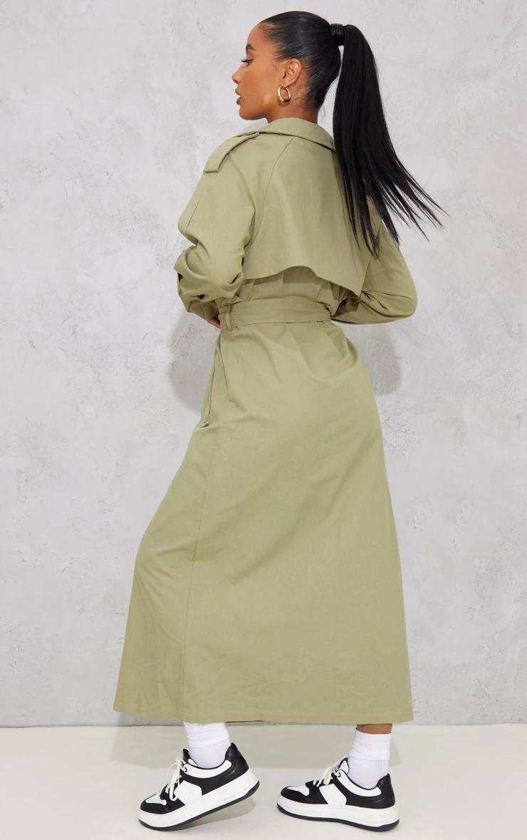 Prettylittlething Khaki Panel Detail Belted Trench Coat Khaki 2 Prettylittlething Khaki Panel Detail Belted Trench Coat Khaki - Image 2