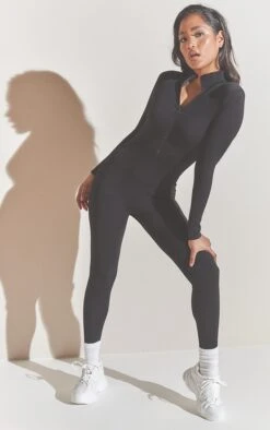 Prettylittlething Black Structured Snatched Rib Zip Jumpsuit Black