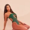 Prettylittlething Emerald Green Cut Out Detail Mesh Strapless Bodysuit Emerald Green
