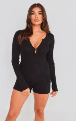 Prettylittlething Black Ribbed Soft Knit Hook & Eye Romper Black -Prettylittlething 63770af7d401375ddfc4b191a8154b3eaef0c815 cnf0313 3