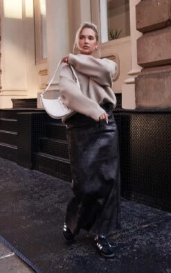 Prettylittlething Washed Black Faux Leather Maxi Skirt Black