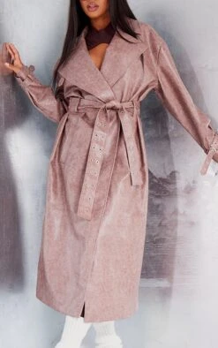 Prettylittlething Brown Distressed Faux Leather Eyelet Belted Trench Coat Brown -Prettylittlething 6552238e9627da5bd836c09754f8a2c8f9e8a90d cnf7609 4