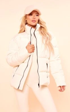 PRETTYLITTLETHING Off White Panelled High Neck Puffer Coat Off White